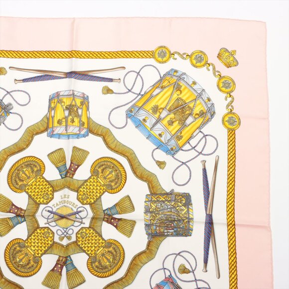 SOLD - Hermès Carré 90 LES TAMBOURS drumming Scarf Silk Pink - Picture 4 of 7